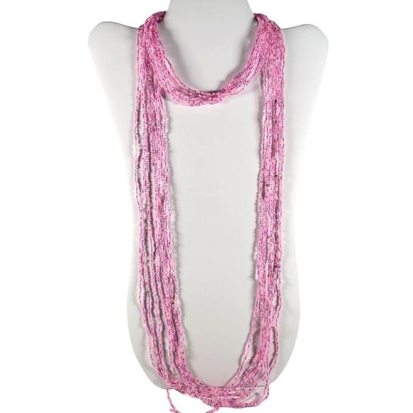 48" Long Pink Seed Bead Necklace Boho Multistrand India Handmade Jewelry NEW - Picture 1 of 9